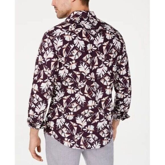 INC International Concepts Button Up Shirt Linen Cotton L Leaf Maroon Casual - Picture 2 of 8